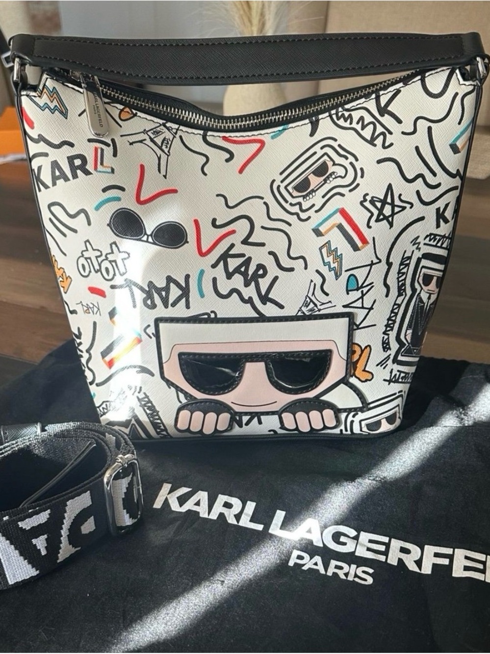 Karl Lagerfeld White Graphic Bucket Shoulder Bag with Black Trim